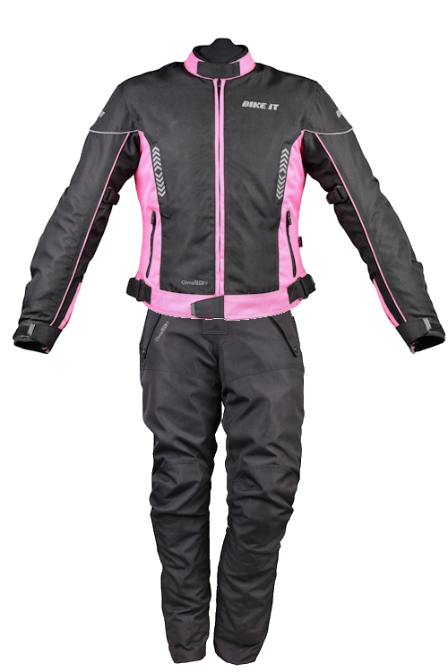 Bike It 'Insignia' Textile Ladies Waterproof Motorcycle Jacket (Pink) + Bike It 'Triple Black' Ultimate Textile Adventure Waterproof Motorcycle Pants/Trousers