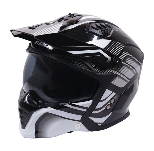 Stealth Fighter Multi Function Motorcycle Full & Open Face Helmet Graphic Orbit Black & Silver Gloss  XL