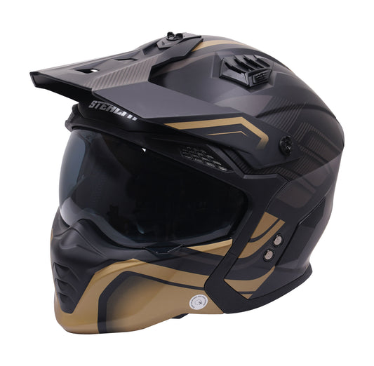 Stealth Fighter Multi Function Motorcycle Full & Open Face Helmet Graphic Orbit Black & Gold Matt XXL