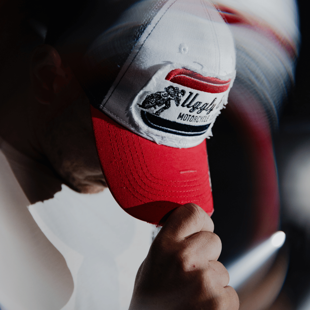 White & Red Flat Track Trucker Hat by Uggly & Co