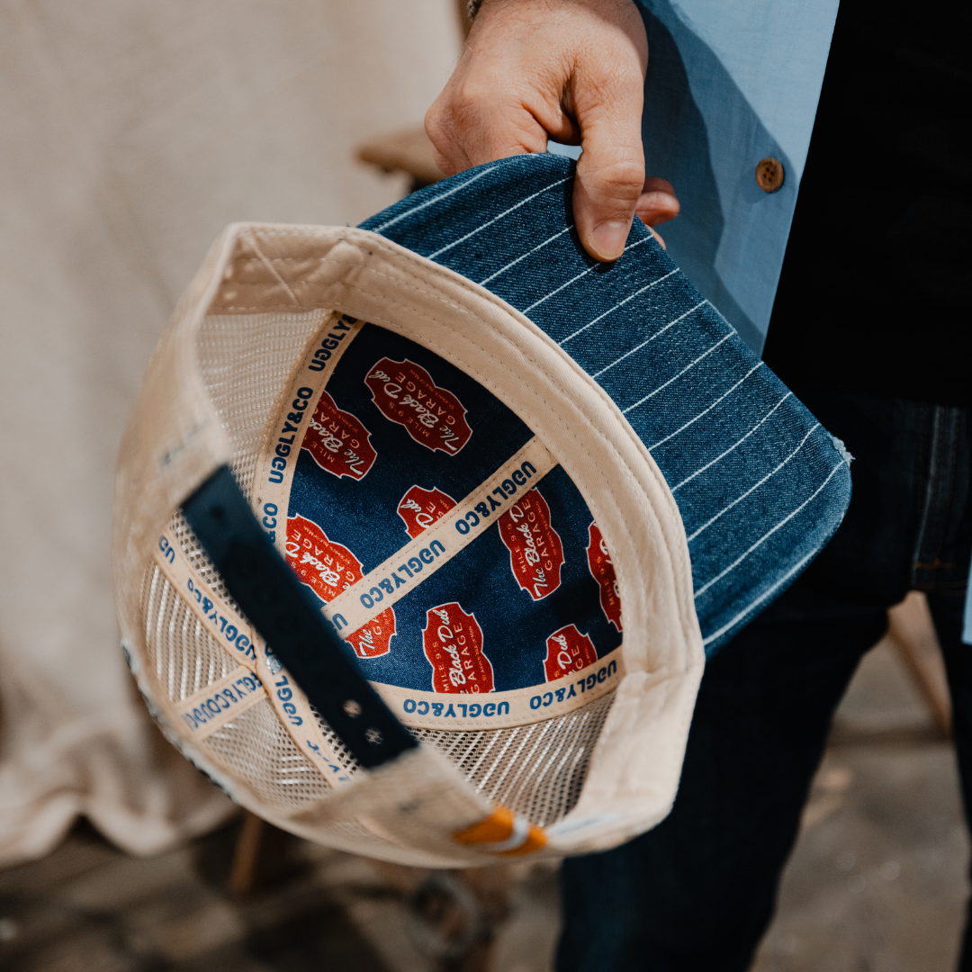 Pinstripe Denim Garage Trucker Hat by Uggly & Co