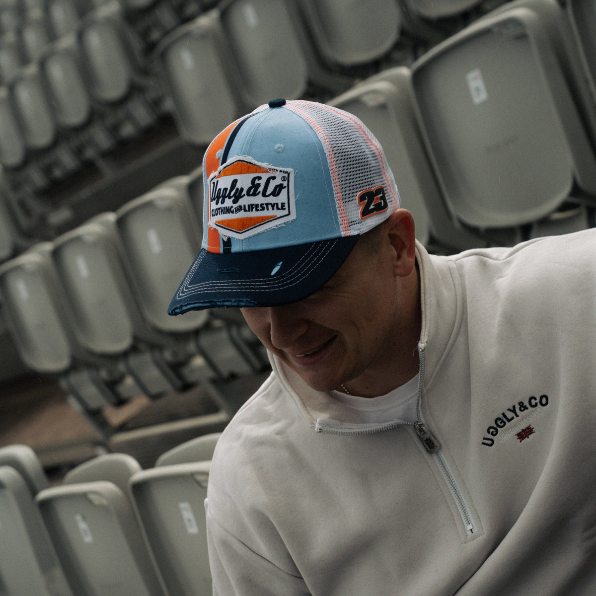 Retro Blue & Orange Diamond Trucker Hat by Uggly & Co