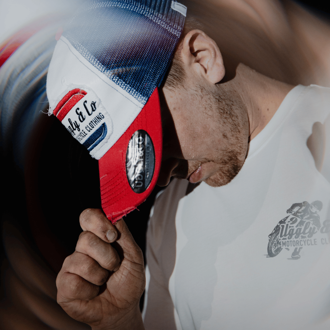 White & Red Flat Track Trucker Hat by Uggly & Co