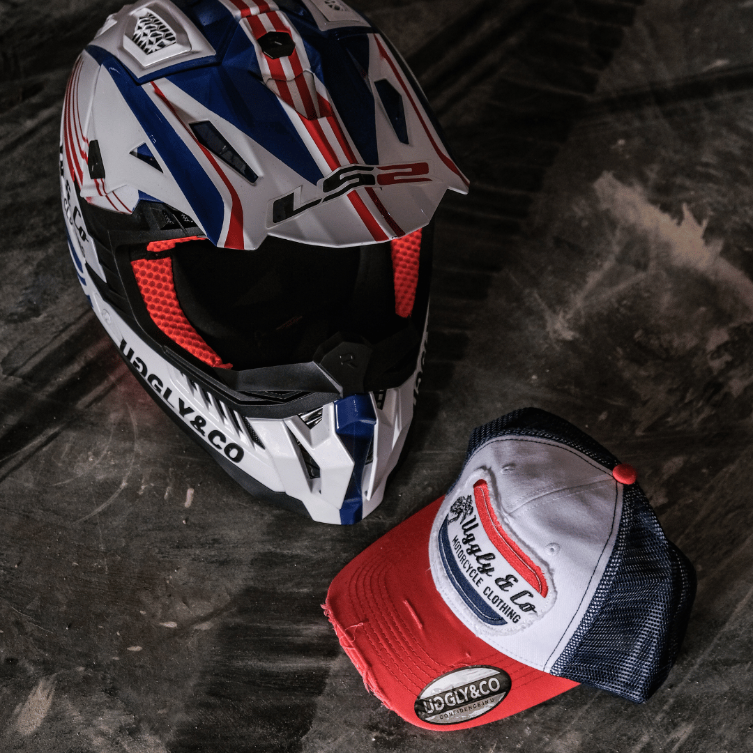 White & Red Flat Track Trucker Hat by Uggly & Co