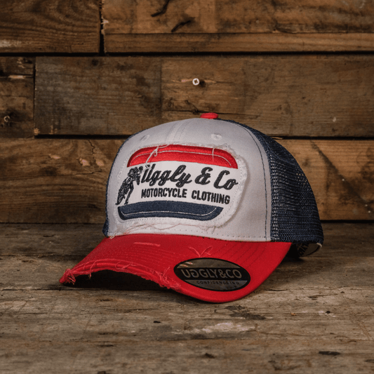 White & Red Flat Track Trucker Hat by Uggly & Co